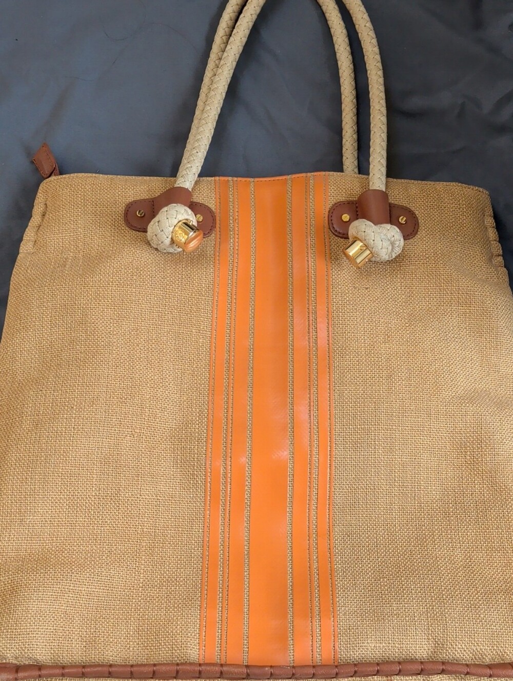 Tory Burch Beige Jute Tote Bag With Leather Trim GUC
